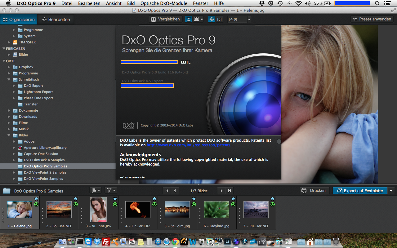 Bild: Der Startbildschirm von DxO Optics Pro 9.5 unter Mac OS X.