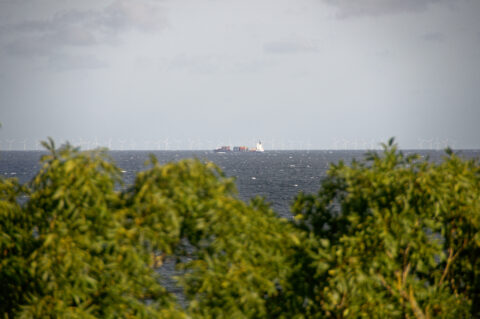 Bild: An der Fallada-Sicht in der Nähe des Kap Arkona auf der Insel Rügen. Vorbeifahrendes Containerschiff. Im Hintergrund ist einer der Windparks zu sehen. Foto (c) 2020 by Bert Ecke. Klicken Sie auf das Bild um es zu vergrößern.